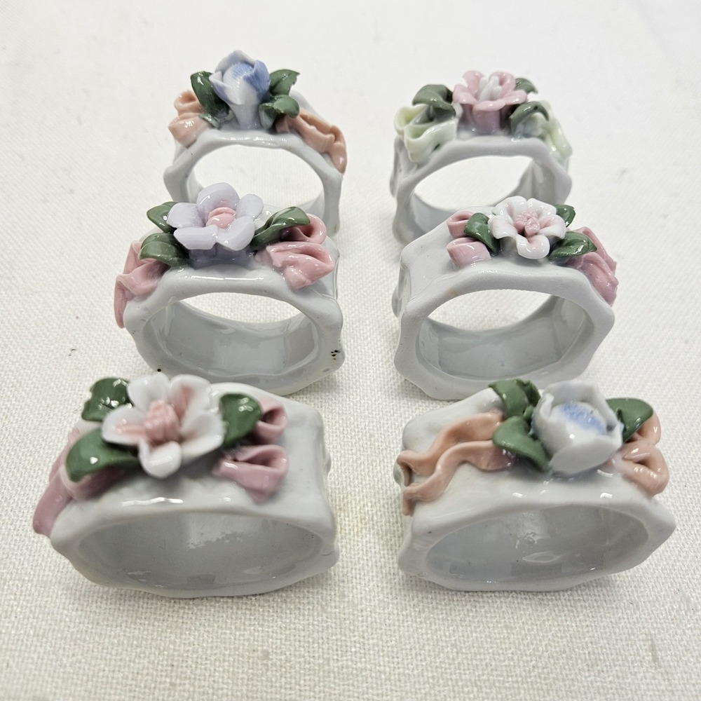 Vintage VTG Napkin Rings Set of 6 White Floral Porcelain Table Decor Cottagecore